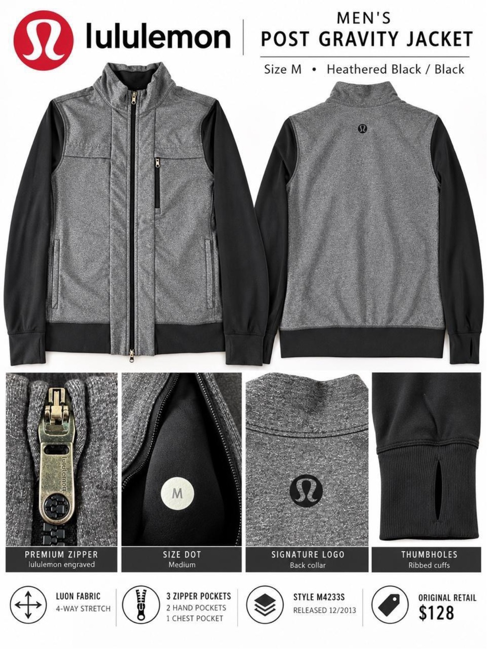 Lululemon Men's Post Gravity Jacket Heathered Black Size M